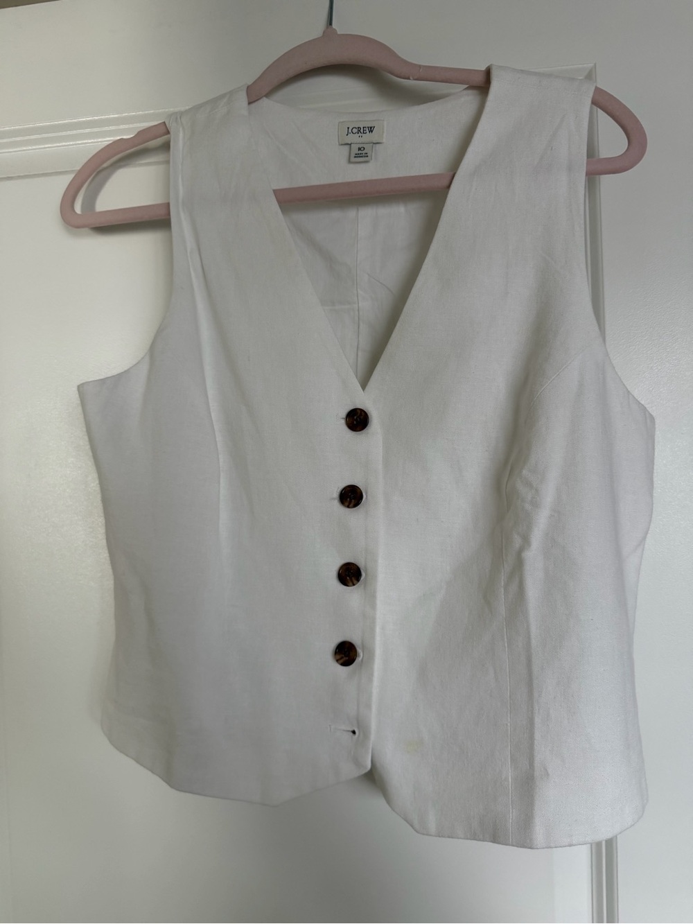 J. Crew White V-Neck Button Front Linen-Blend Vest